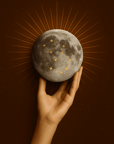 Hand holding the moon with constellations